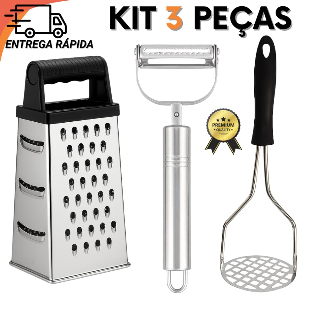 Kit 3 Peças Utensílios de Cozinha Inox Ralador Descascador de Legumes e Amassador de Batata