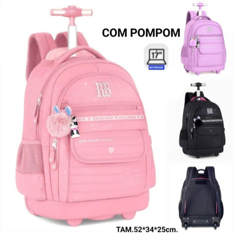 Mochila De Rodinha Nylon Holográfica Grande Feminina Rebeca Bonbon + Chaveiro 24586