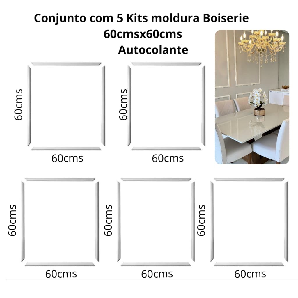 5 Kits Moldura Boiserie MDF Autocolante 60x60
