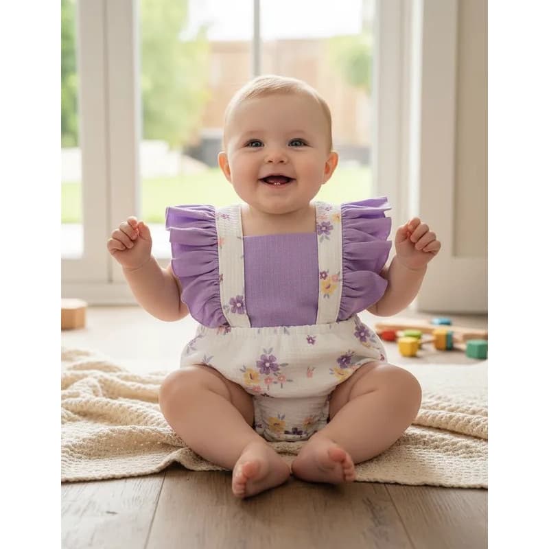 Jardineira Romper Bebê Menina 2 em 1 Com Saia e Tapa Fralda em Malha Jacquard