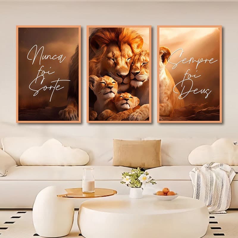 Kit 3 Quadro Decorativo Com Leão 3 Peças  Para Sala e Quarto Quadros