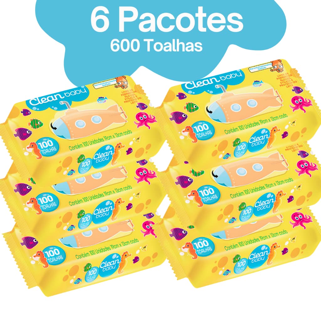 Lenço Umedecido Clean Baby 100 Unidades 19x13cm – Sem Álcool e Parabenos ( KIT 6 PACOTES)