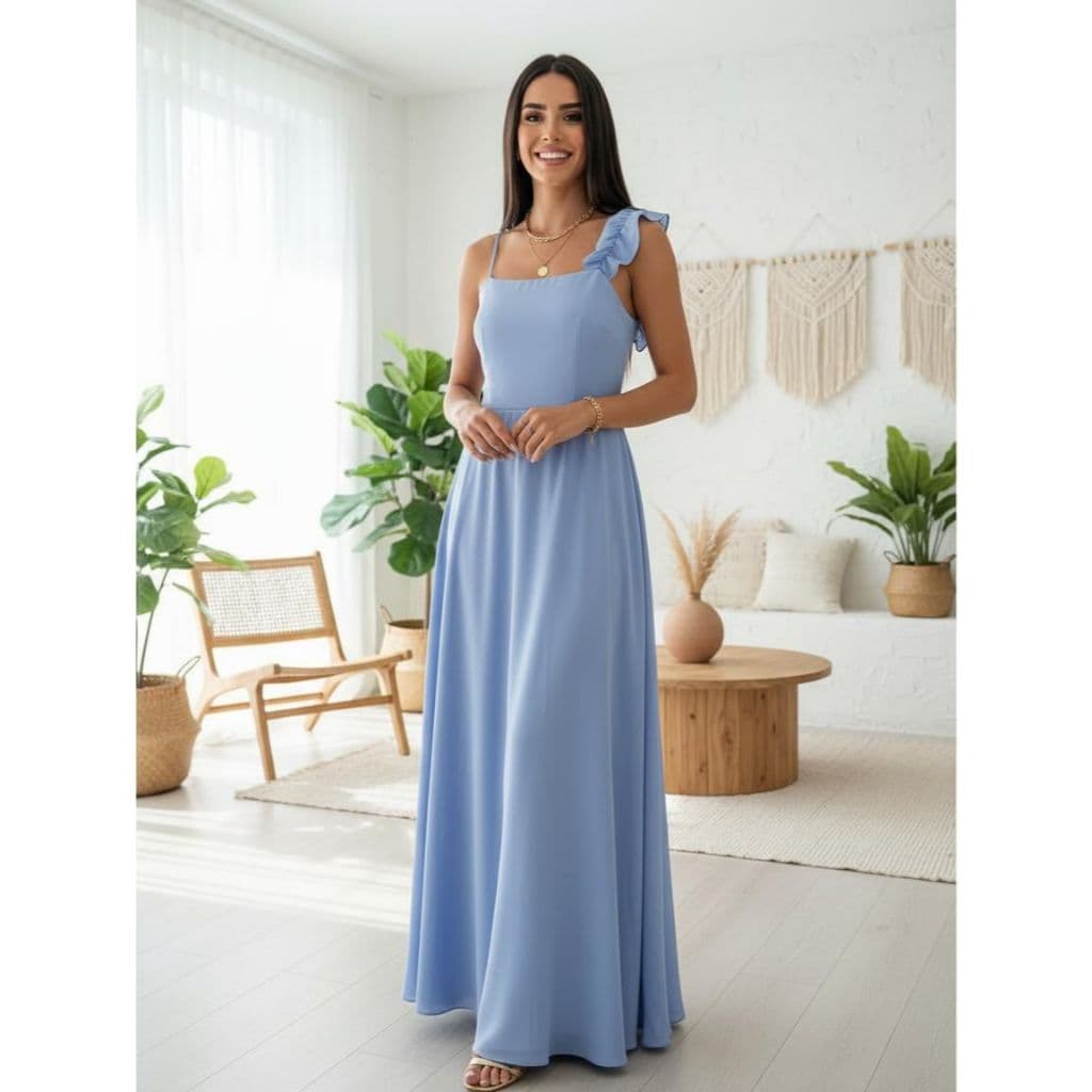Vestido Longo Feminino Alça Dupla Babado Removivel Elástico Nas Costa Saia Reta COD:226-Liso