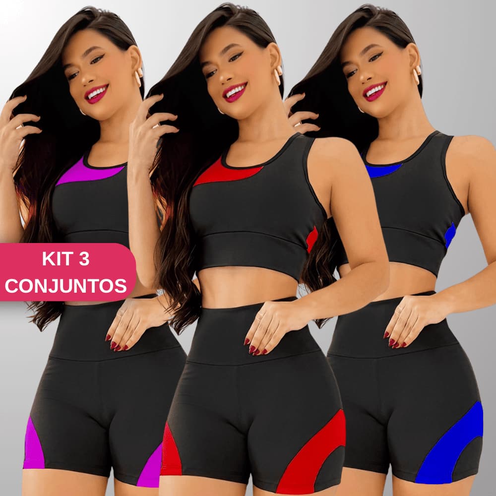 Kit com 3 Conjuntos Fitness Femininos | Top + Short Cintura Alta | Academia, Treino e Corrida