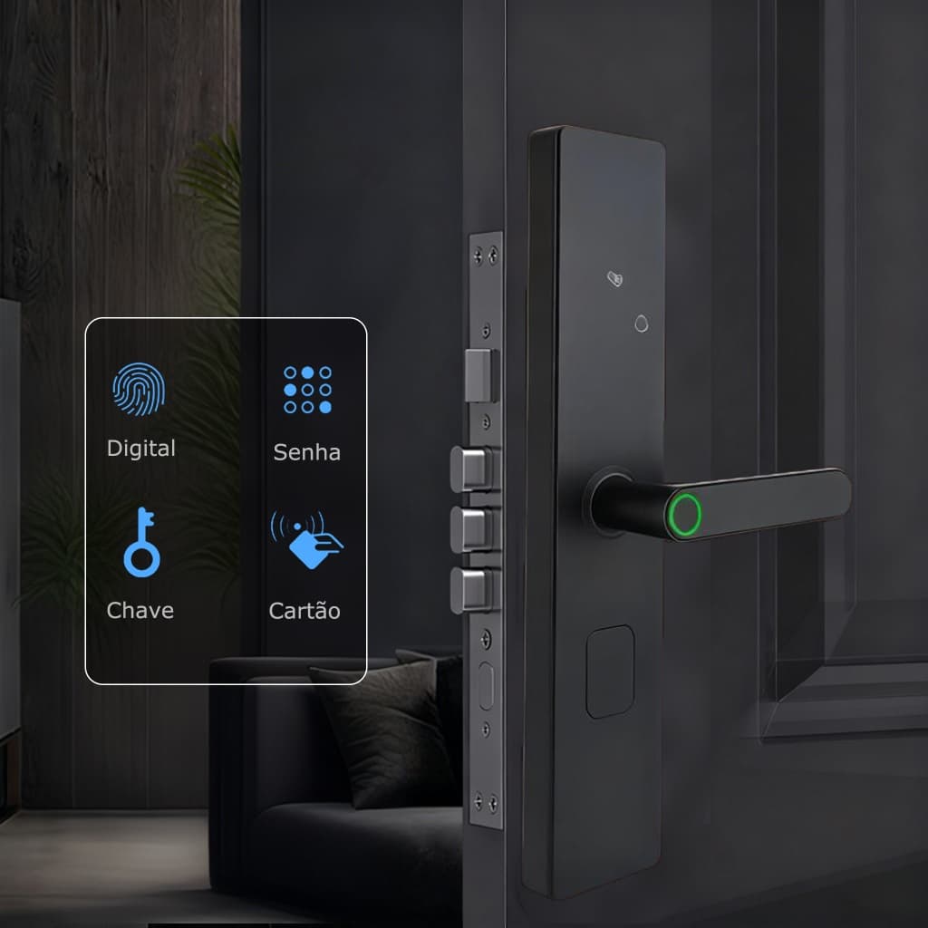 Fechadura Digital Inteligente 5 em 1 Biometria, Bluetooth, Senha Touch, Chave e Tag Smart Lock M15