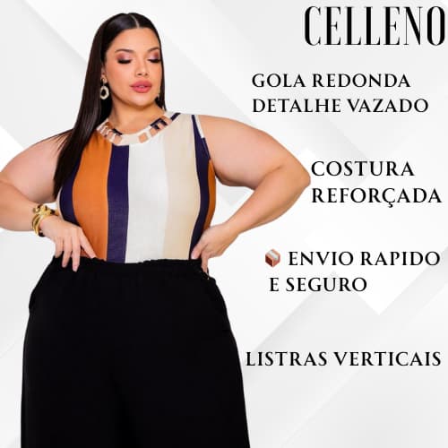 Blusa Plus Size Listrada com Gola Vazado Feminina Elegante Confortável trabalho casual tendencia