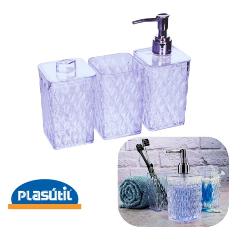 Kit Banheiro Acrílico Glamour Luxo 4 Peças Porta Escova  Dispenser Sabão líquido Porta Cotonete Bandeja