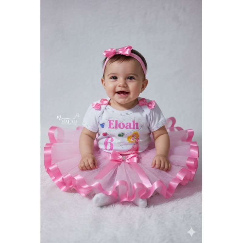 Fantasia Princesa Aurora Bela Adormecida Infantil RN até 4 anos Body Personalizado Saia de Tutu e Laço de Cabelo