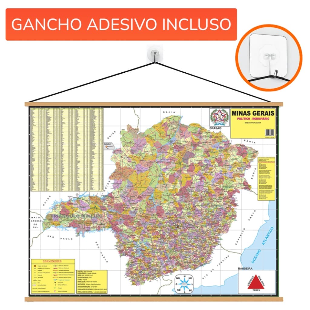 Mapa Minas Gerais Banner + Gancho Autocolante Pronto Para Pendurar - Grande 120x90cm