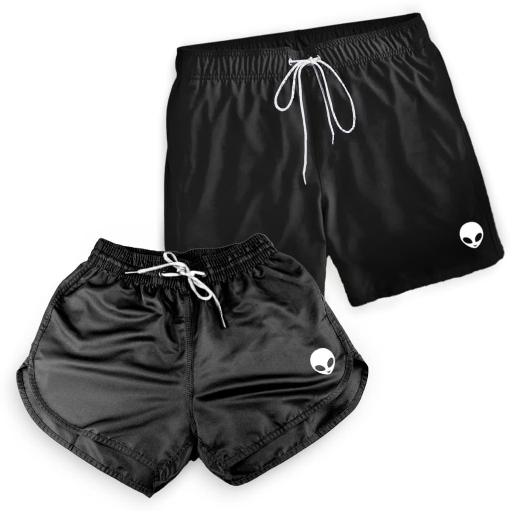 Kit Casal Namorados Short Tactel Coracao ET Alien Moda Verao Praia Bermudas Combinando Amor Iguais