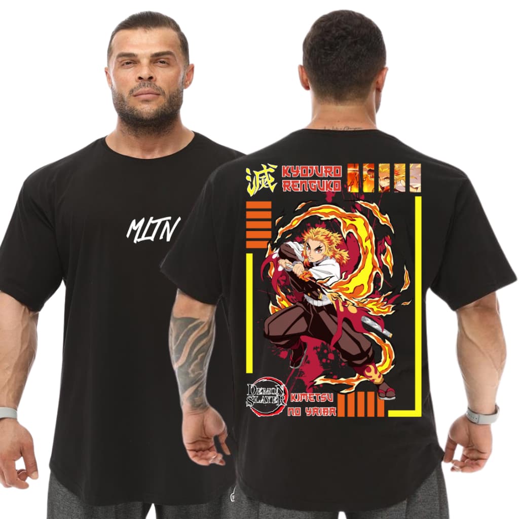 Camiseta Oversized Algodão Malha Premium Anime Rengoku Demon Slayer Kimetsu no Yaiba Estampada