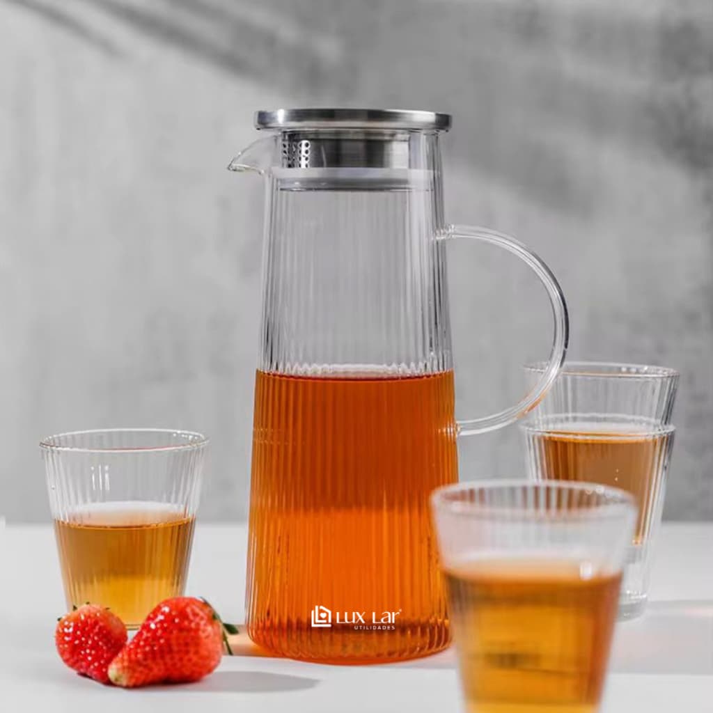 Jarra de Vidro com Tampa Inox 1.4 Litros  Grande Borossilicato com Alça Agua Chá Suco Transparente-
