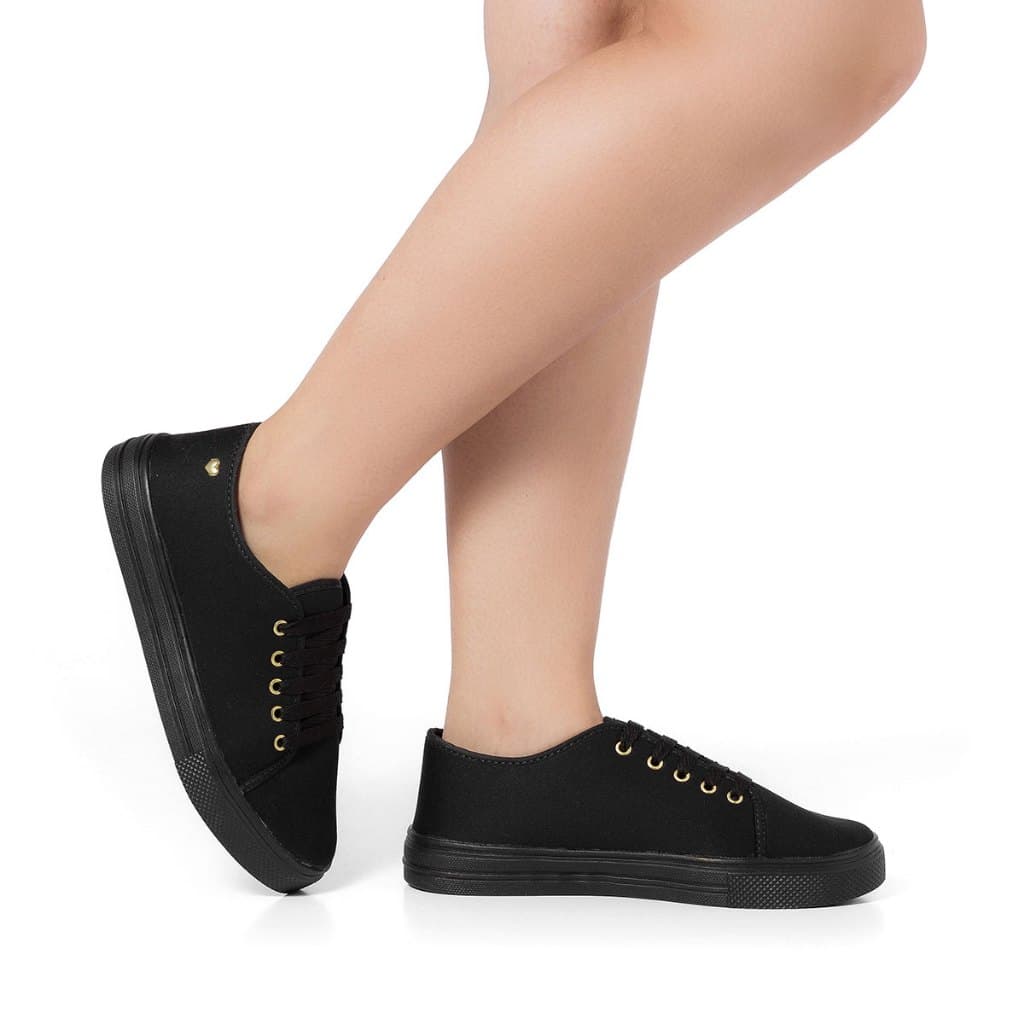 Tênis Feminino Pingente Coração Casual Confortável Preto