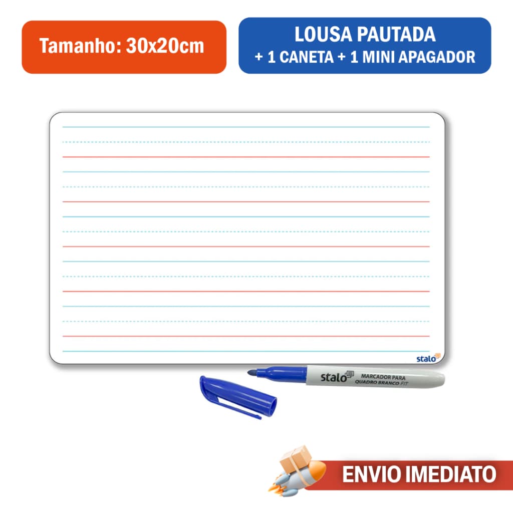 Lousa Quadro Branco Pautado 30x20cm Infantil + Caneta + Mini Apagador