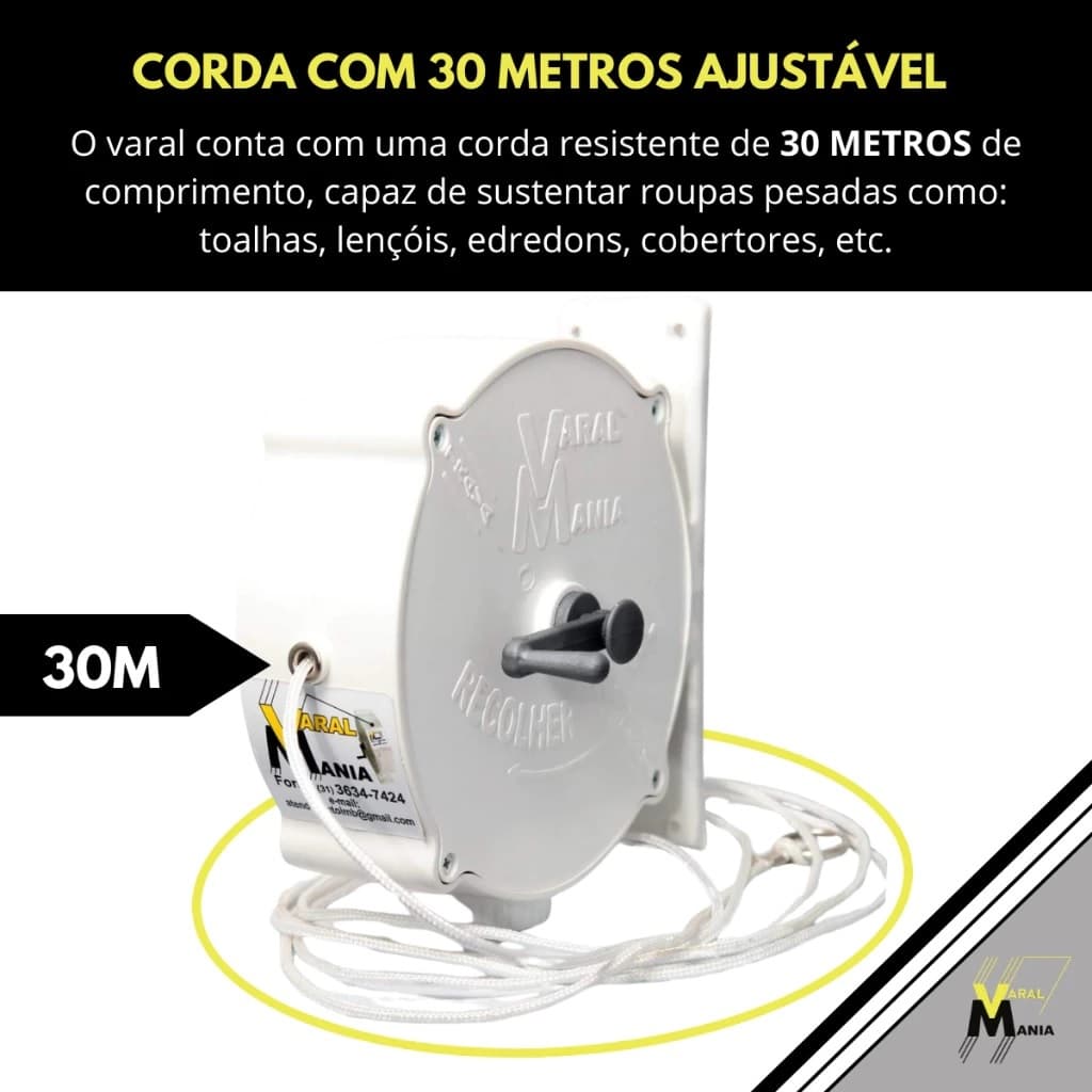 Varal de Roupas Retrátil 30 Metros Corda Resistente cor BRANCO