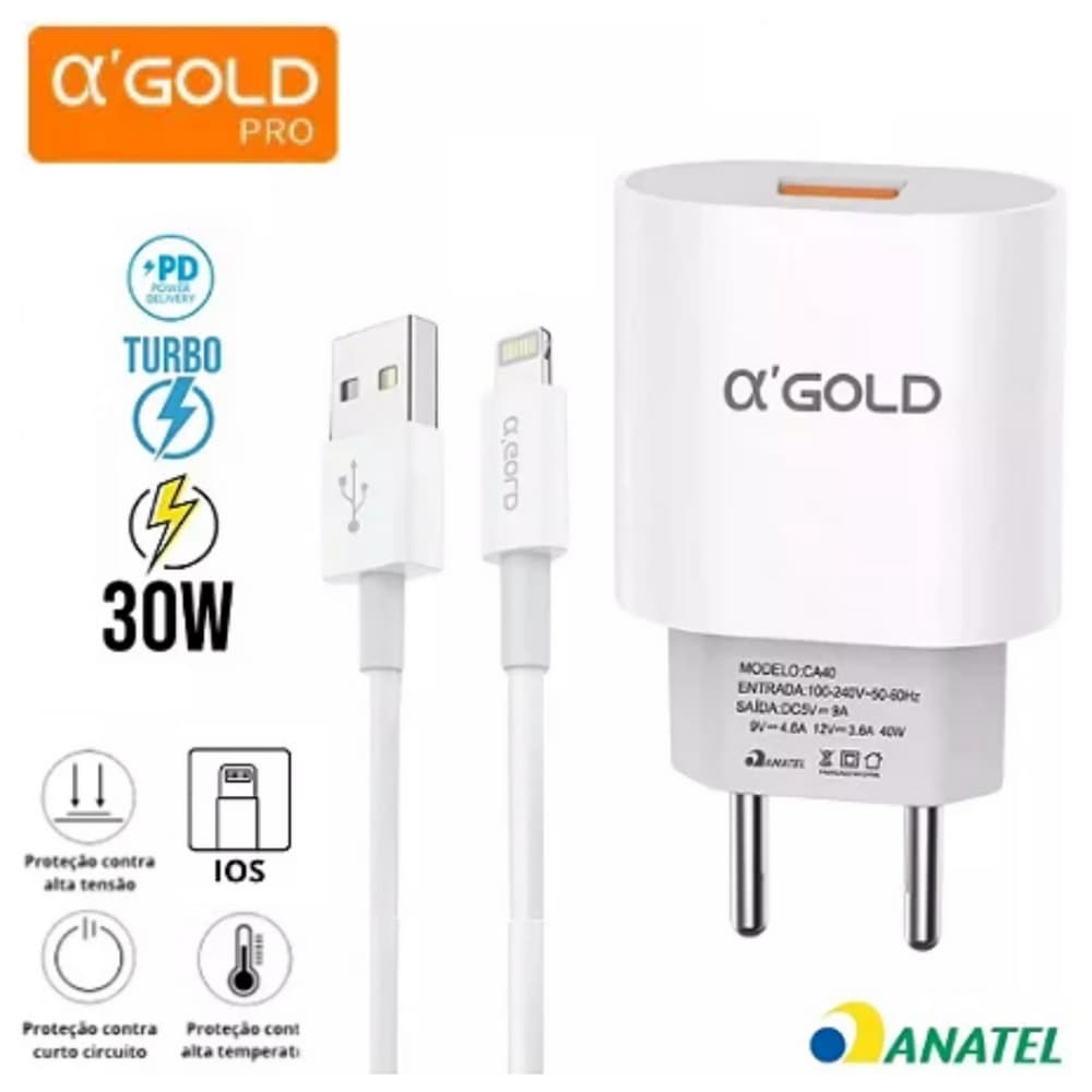 Carregador Turbo Original A’Gold iPhone 30W 6.1A + Cabo Lightning 1m – iOS