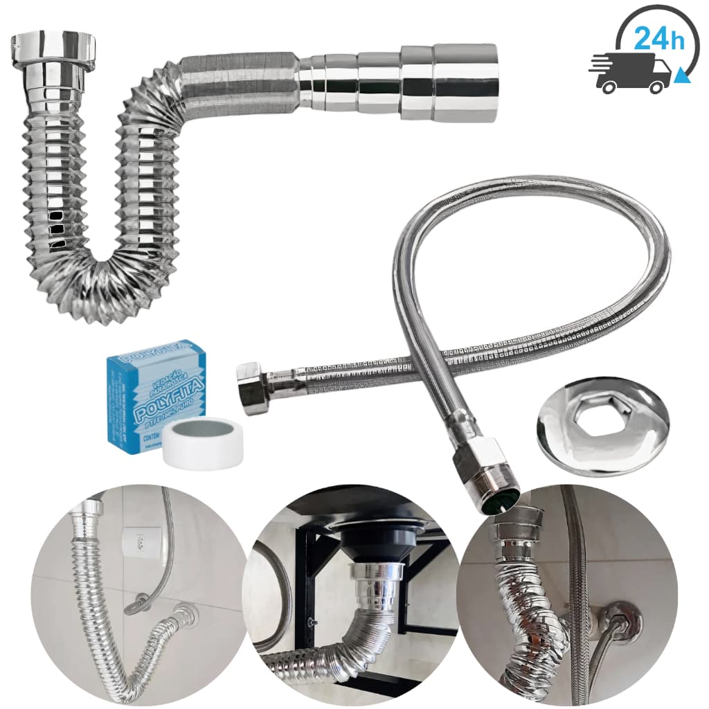 Kit Sifão Universal Sanfonado + Engate Flexível Inox Trançado + Fita Veda Rosca Pia