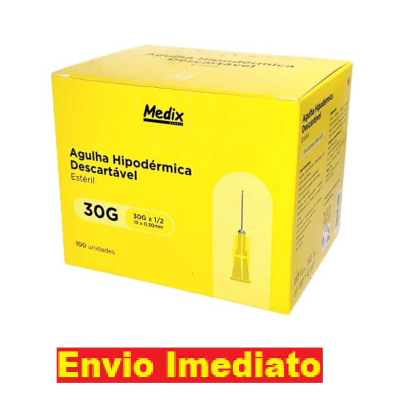 Agulha Hipodérmica Amarela 30g Descartável 13x0,30mm Cx 100 Unid Medix