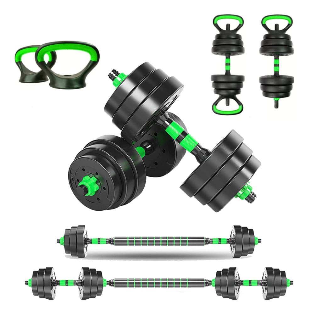 Kit Halteres Aço Emborrachado 20kg Kettlebell Barra Crossfit Ajustavel Verde