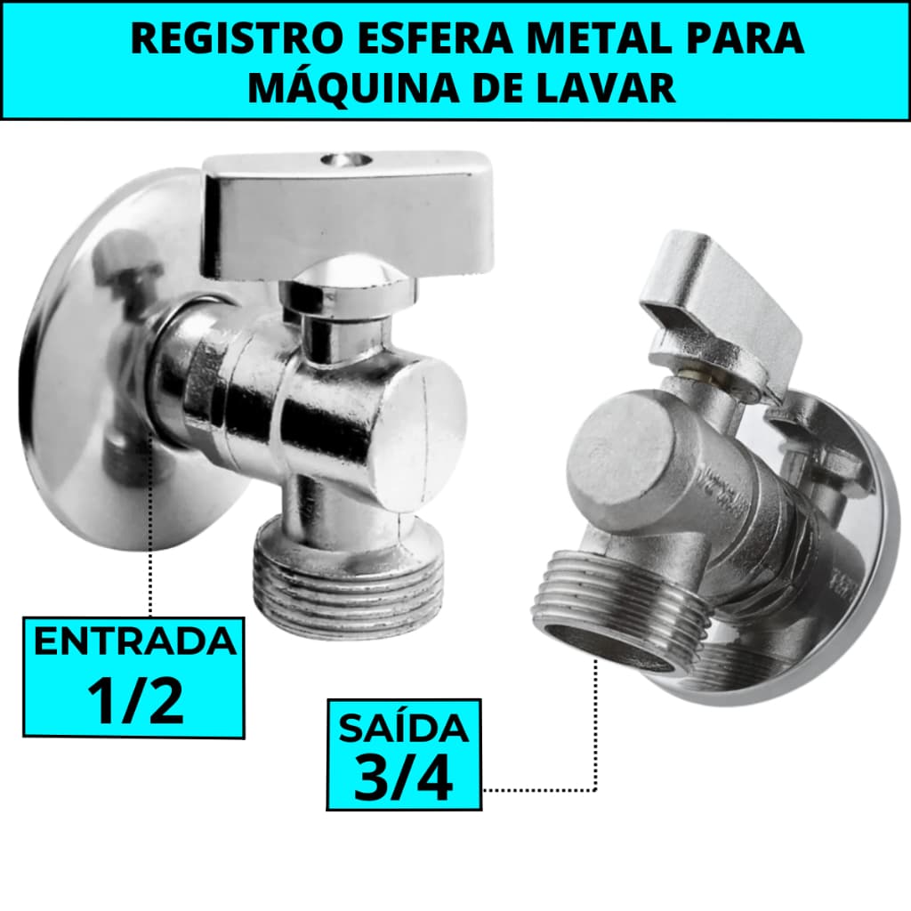Registro Esfera Torneira De Metal Com Alavanca Para Máquina De Lavar Roupa Louça Rosca 1/2 x 3/4