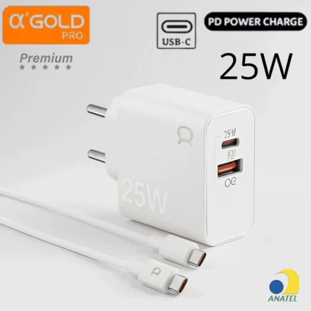 Carregador Turbo Original A’Gold 25W Tipo C – Rápido, Seguro, Bivolt e Universal para Android
