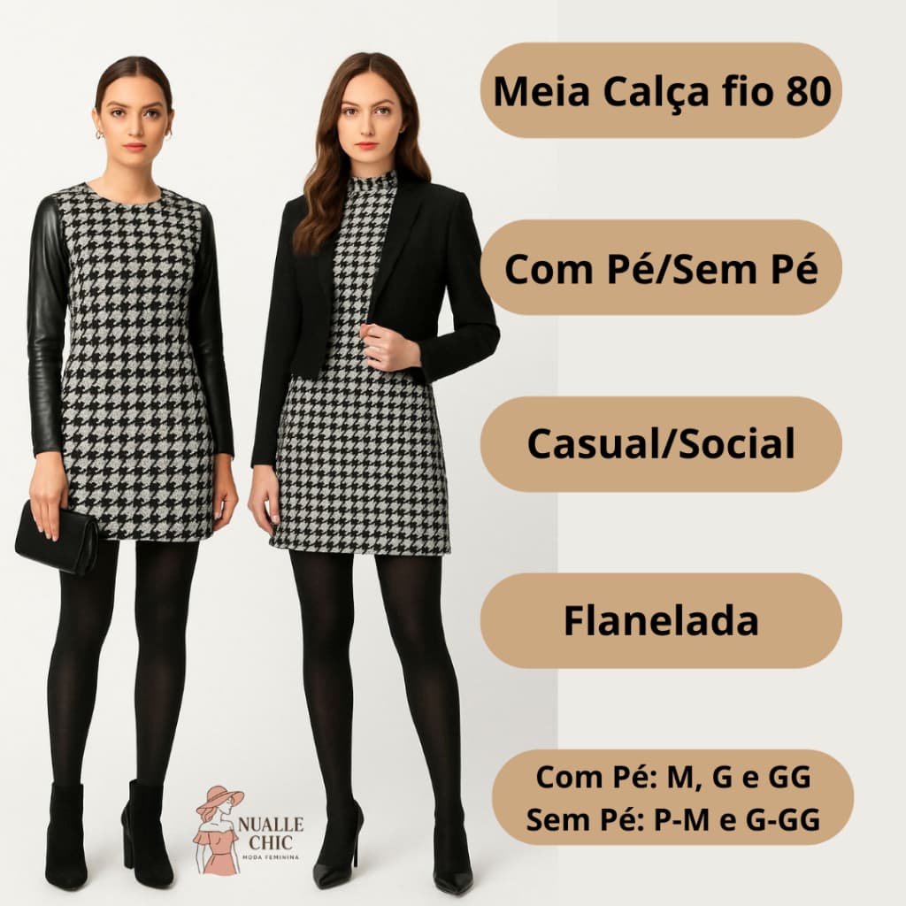 Meia Calça Termica Social Feminina Fio 80 Segunda Pele Com Pé ou Sem Pé Flanelada Preta