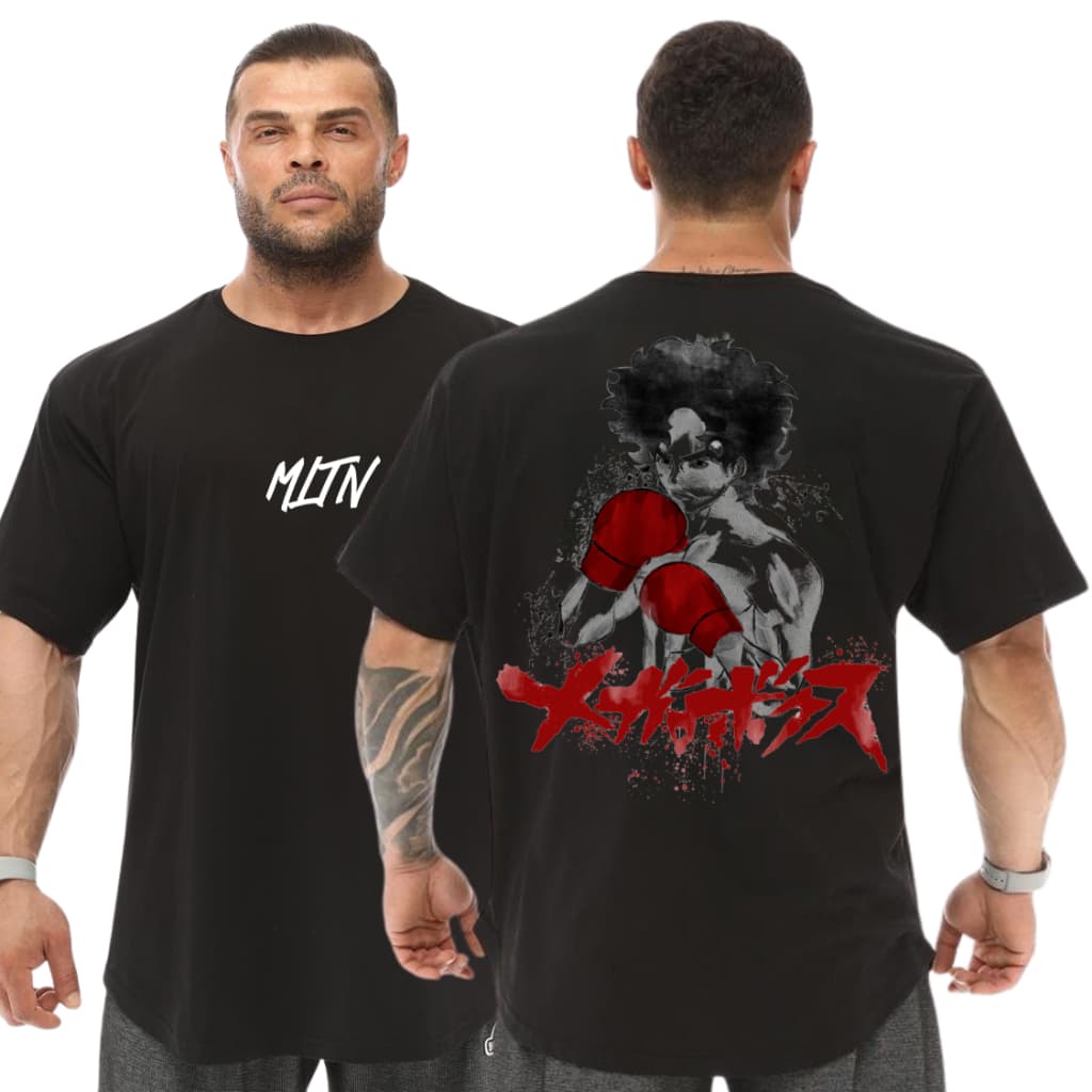 Camiseta Oversized Masculina Preta Estampa Boxe Anime Lutador Streetwear Treino Academia Otaku