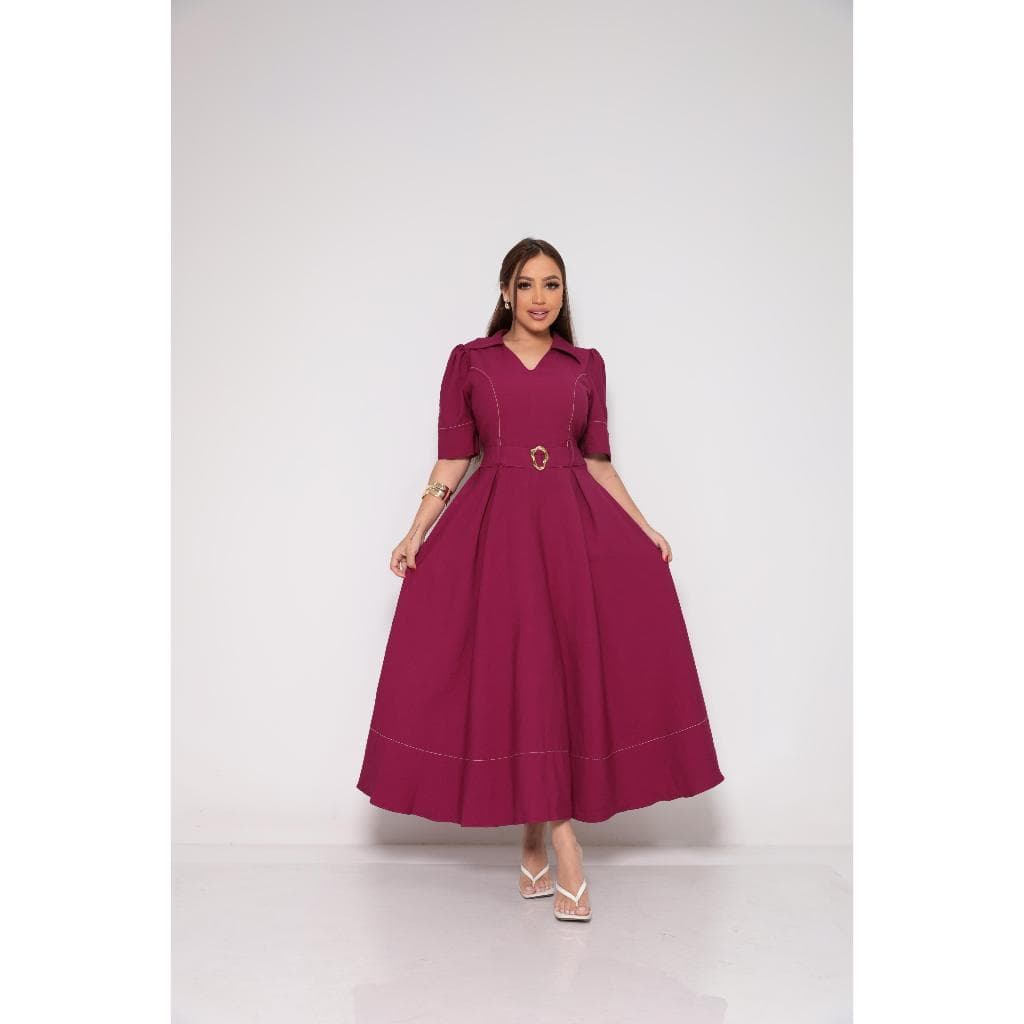 Vestido Midi Feminino com Decote em V Manga 3/4 Detalhe no Busto e Cinto com Fivela Tecido Sensorial