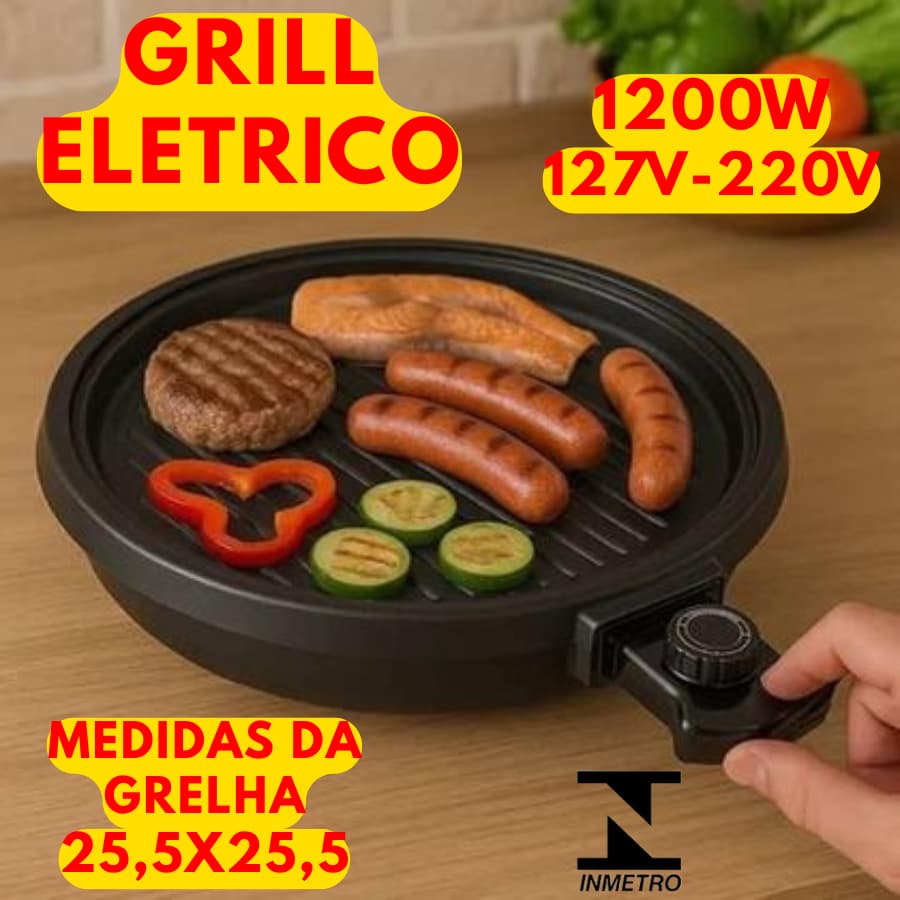Grill Eletrico Redondo 127V Ou 220V 1200W Com Controle De Temperatura Com Grelha Removível