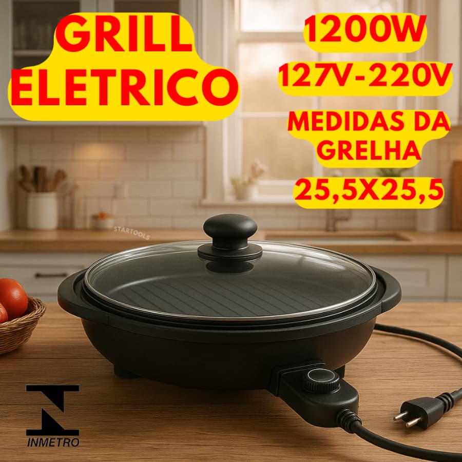 Grill Eletrico Redondo 127V Ou 220V 1200W Termostato Ajustável Com Grelha Removível Prático