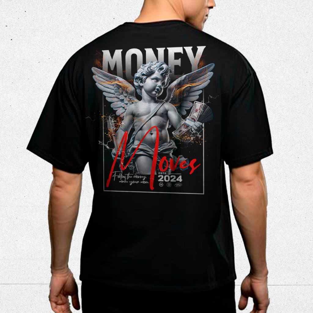 Camiseta Streetwear Money Moves Estampada Anjo e Dinheiro Algodão 30.1 Tendencia Moda Masuclina 2025