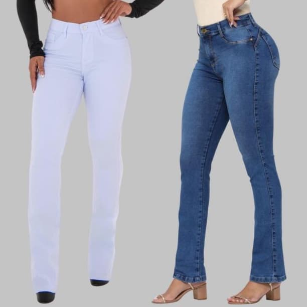 Kit 2 Calça Jeans Feminina Modelo Flare Com Lycra Modelagem Empina Bumbum Cintura Alta