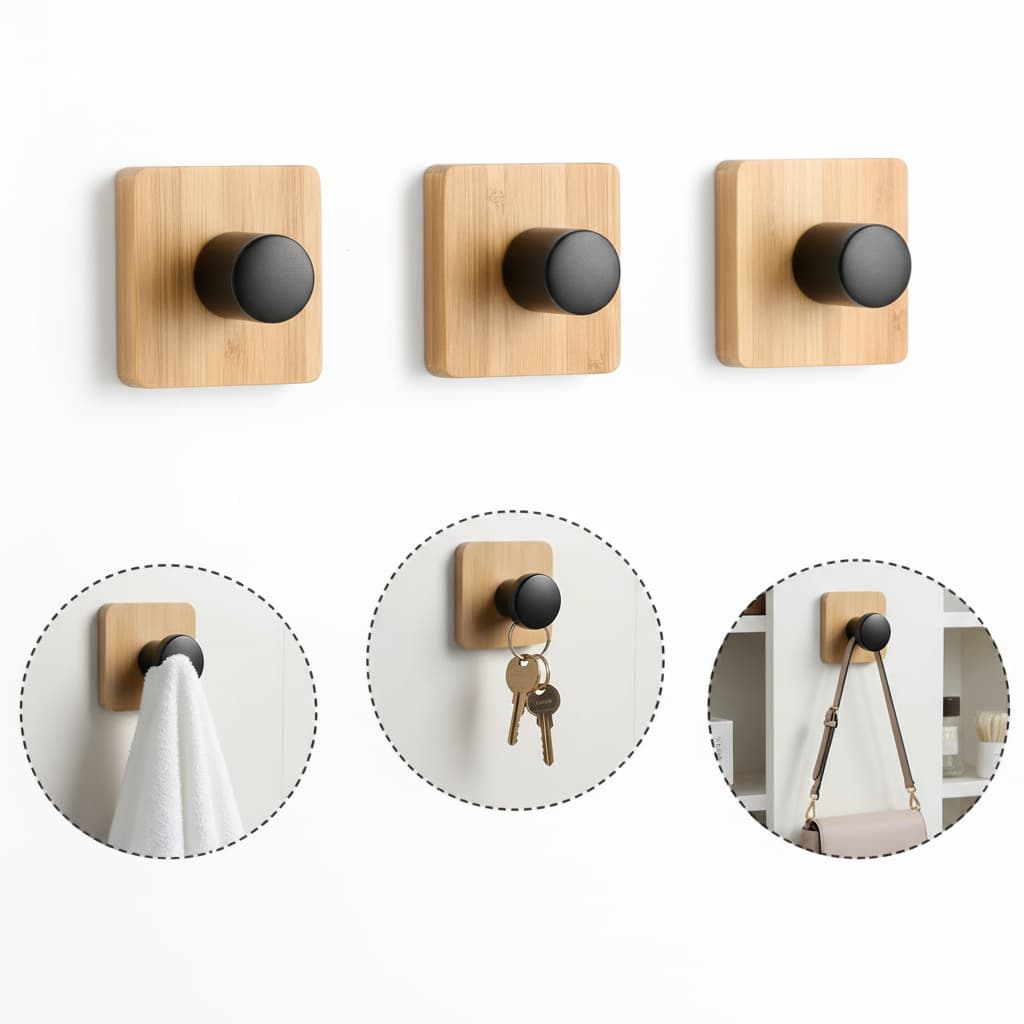 Gancho de Parede Bambu e Preto Kit 3 Suportes Decorativos Multiuso para Chaves Roupas e Acessórios