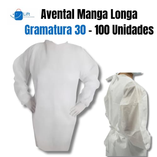 Kit 100 Avental Descartável TNT Gramatura 30 Manga Longa