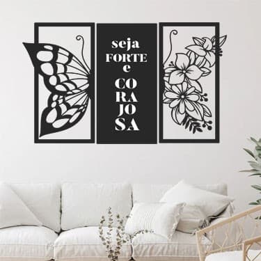 Kit 3 Quadros Borboleta com Frase Seja forte e corajosa Decorativo OFERTA