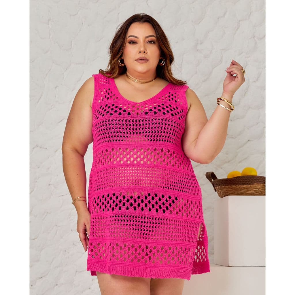Saida de praia vestido curto PLUS SIZE saida de praia trabalhada tricot verao trico moda plus size  com fendas laterais