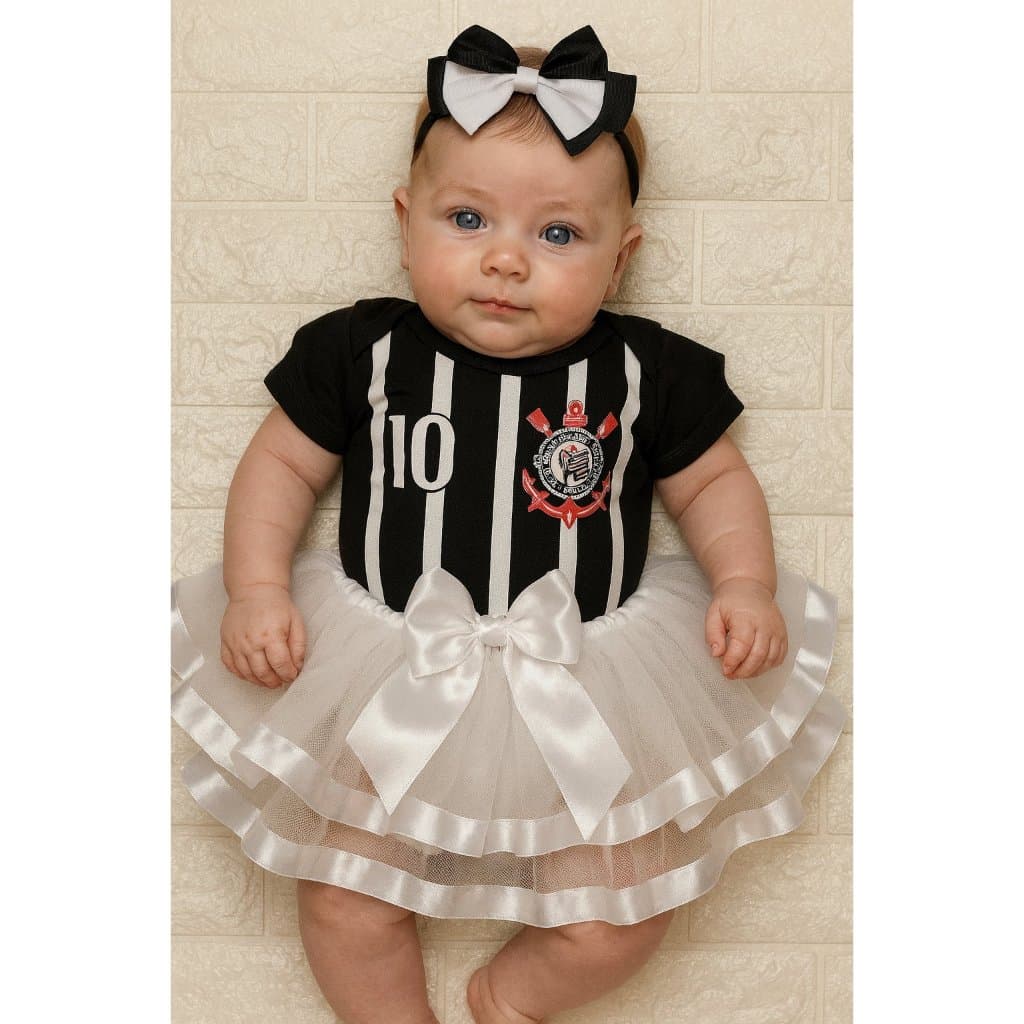 Kit Torcedor Corinthians Body Mesversário Menina com Laço e Tule de Luxo