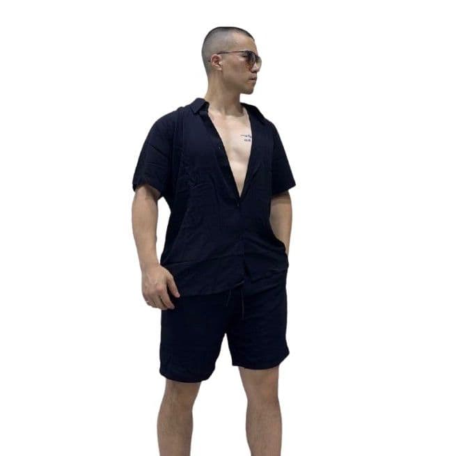 Camisa Masculino Conjunto Linho Manga Curta Social Casual Slim Fit Verão Elegante AAO5