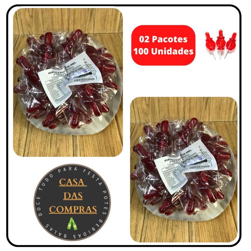 Pirulito Chupeta Vermelho Kit Com 100 Unidades (02 Pacotes)