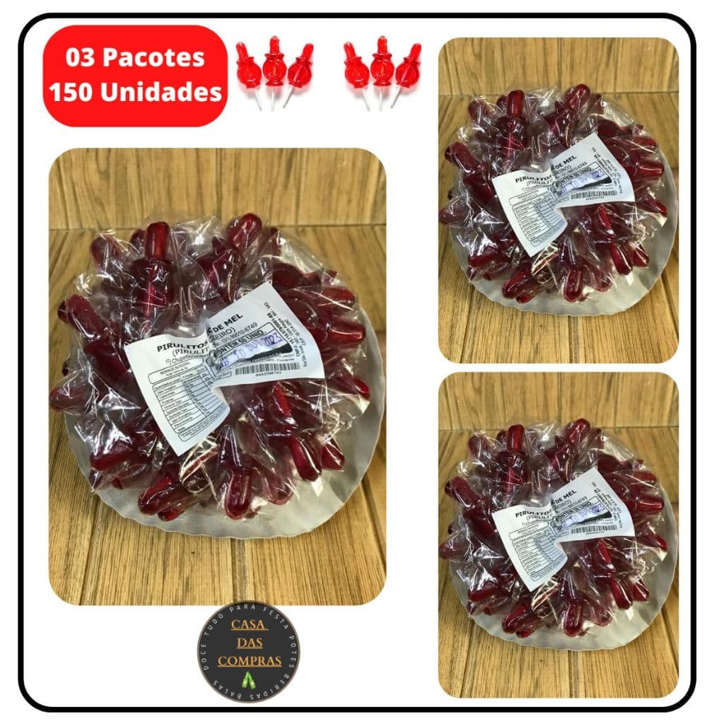Pirulito Chupeta Vermelho Kit Com 150 Unidades (03 Pacotes)