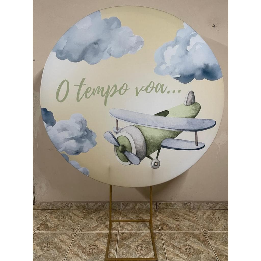Capa para painel de Festa Redondo 1,50 mts Malha Sublimado volta ao mundo aviao tempo voa viagem