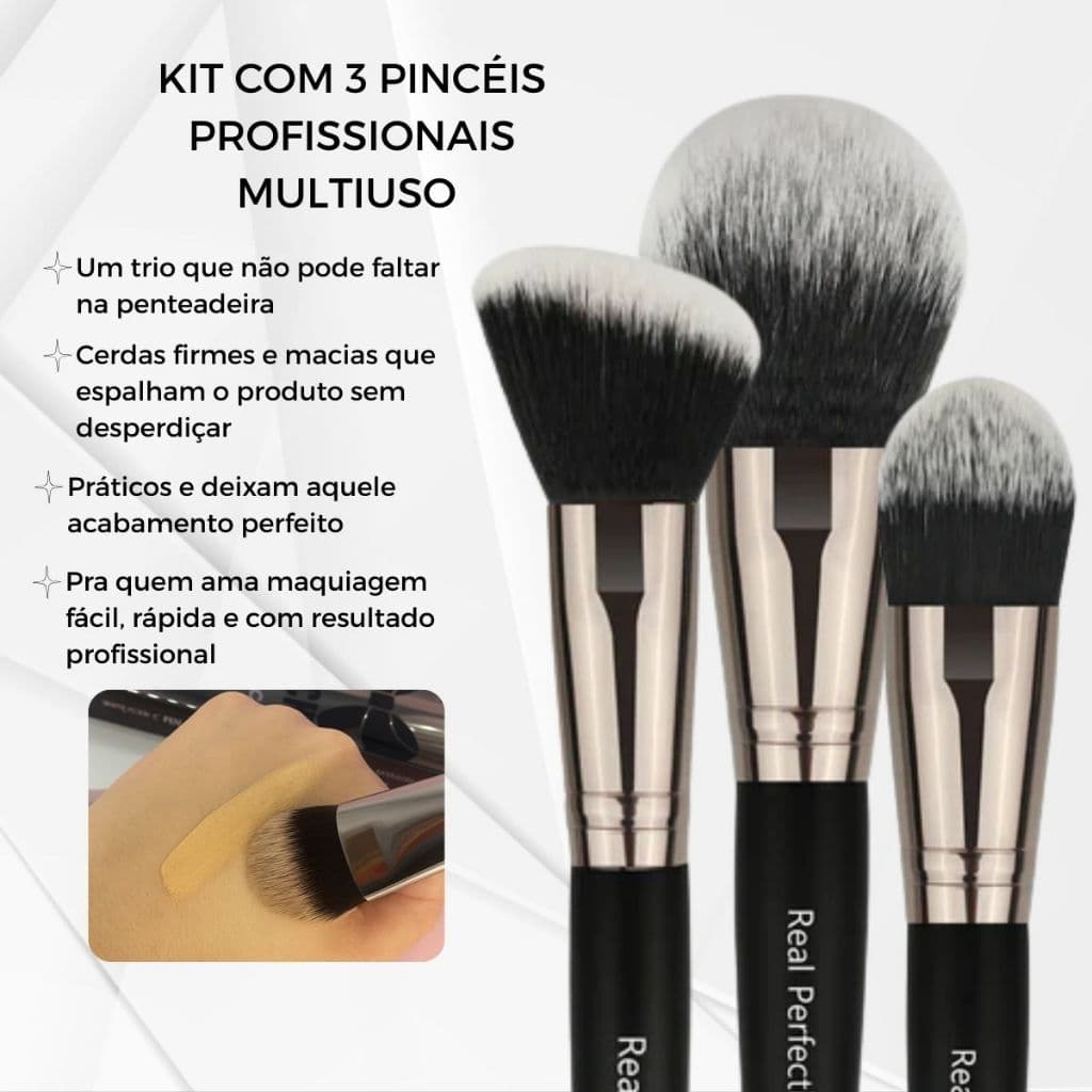 Kit Pincéis de Maquiagem Profissionais 3 Peças para Base Pó e Contorno Utensílios de Beleza