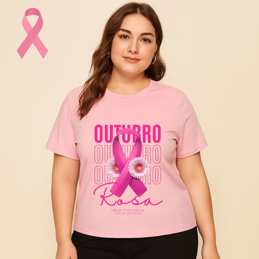 Camiseta Camisa Estampa Outubro Rosa Prevenção ao Câncer de Mama Blusa Plus Size Casual