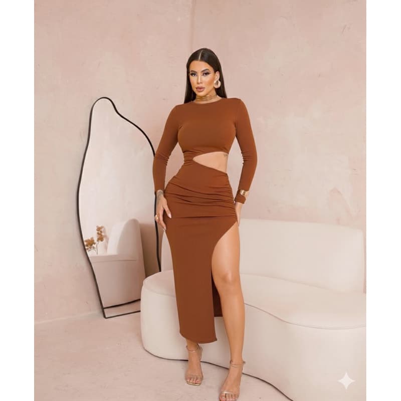 Vestido Feminino Colado Manga Longa  Abertura na Lateral  Longo Com Fenda