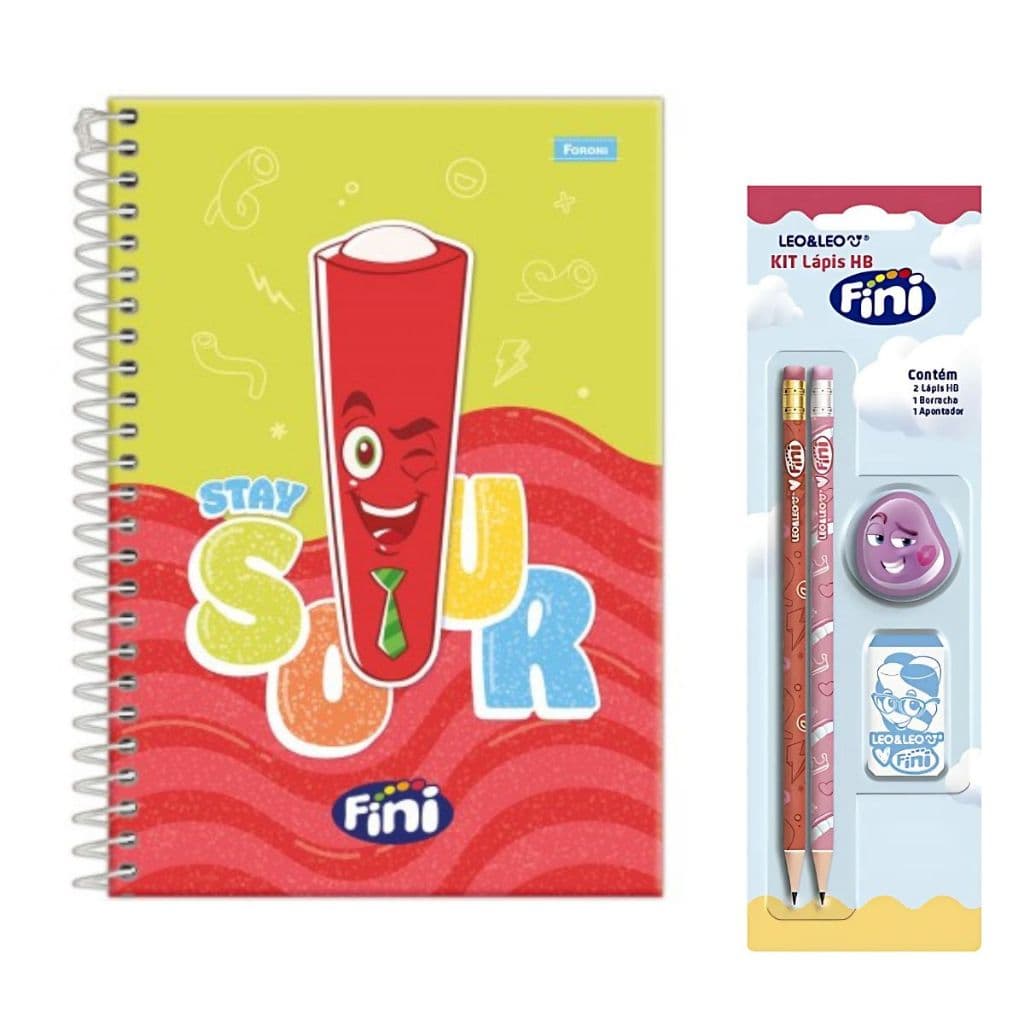 Kit Escolar Fini Caderno com Cheirinho + Lápis HB + Borracha + Apontador Volta às Aulas