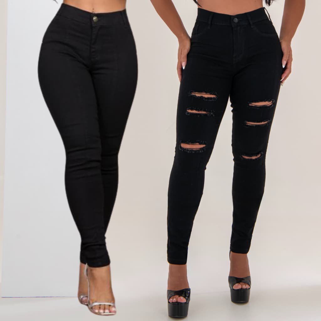 Kit 2 Calça Jeans Feminina Preta Lisa E Rasgada Com Lycra Modelagem Empina Bumbum Cintura Alta