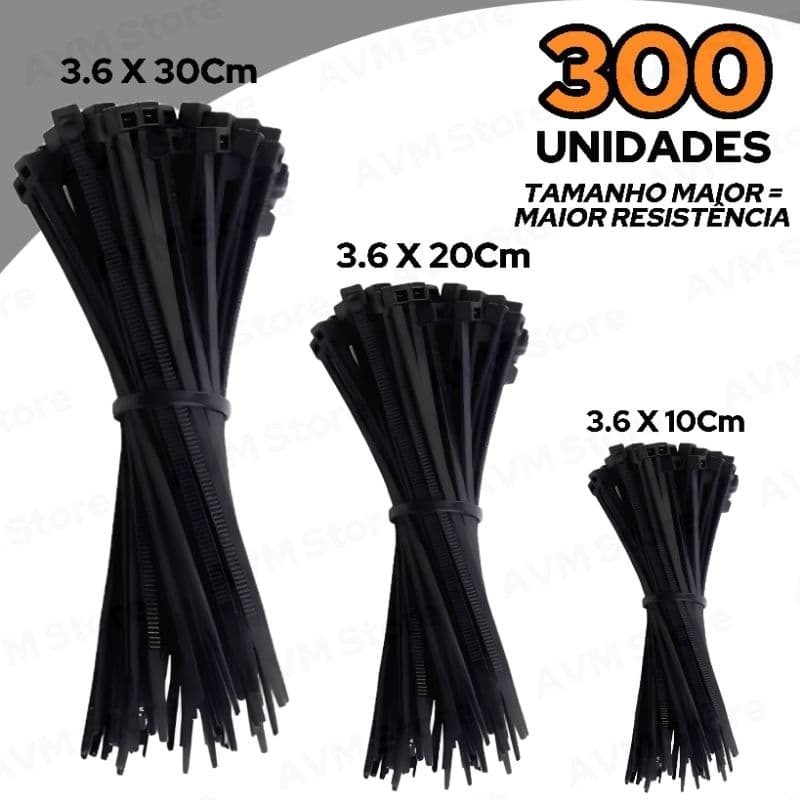 Kit Abraçadeira de Nylon 300 Unidades Profissional 3,6mm Maior Resistência 10, 20, 30mm Enforca Gato