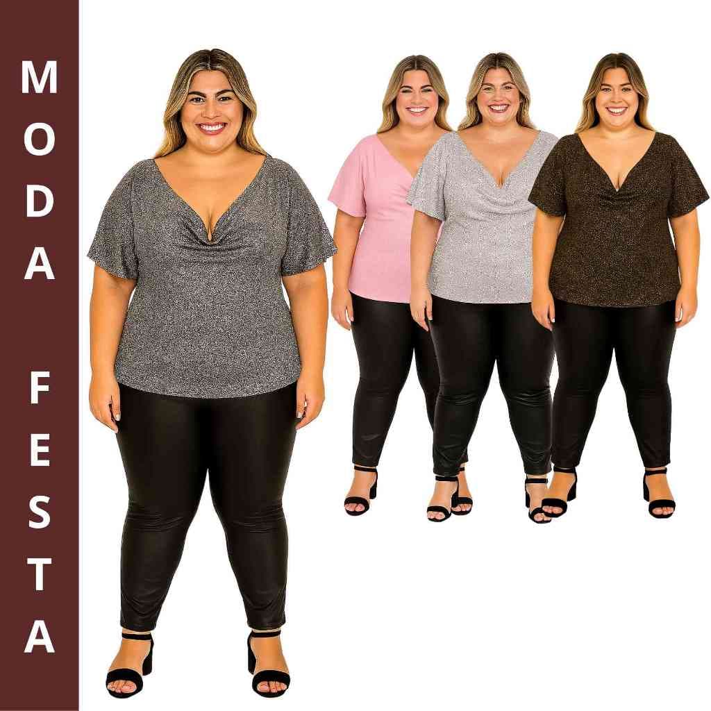 Blusa Feminina Plus Size Gola Boba Dedagê Lurex Metalizada Festa Brilho GG G1 G2 G3 G4 Envio Imediato