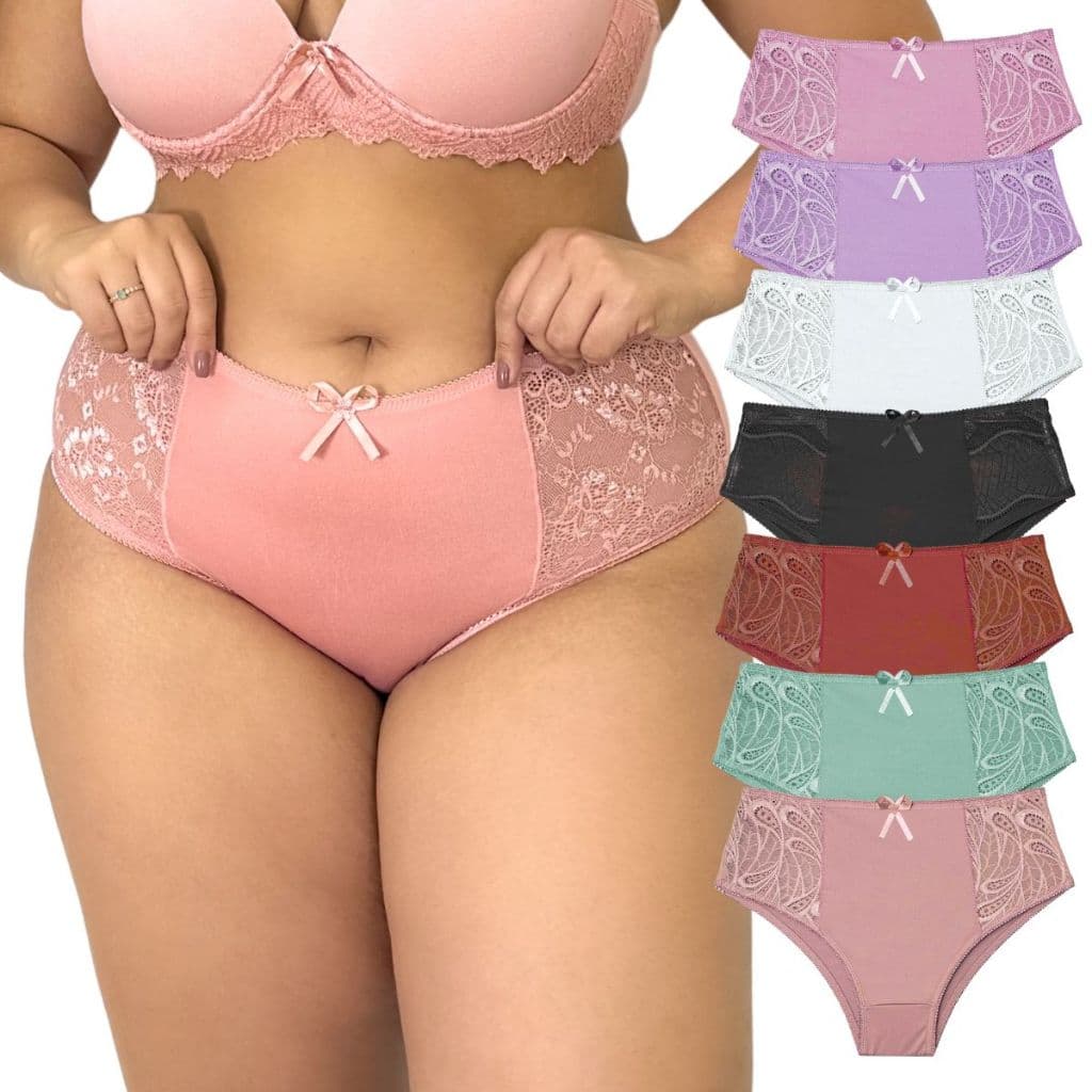 Kit 5 Calcinhas Cós Alto Plus Size Senhora Calçola Cintura Alta Microfibra com Detalhe Renda