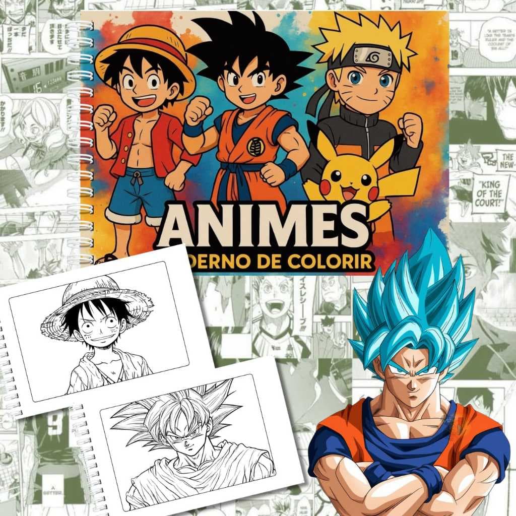 Livro de colorir ANIMES | DRAGON BALL | ONE PIECE | POKÉMON | NARUTO | capa dura | folhas grossas 180g